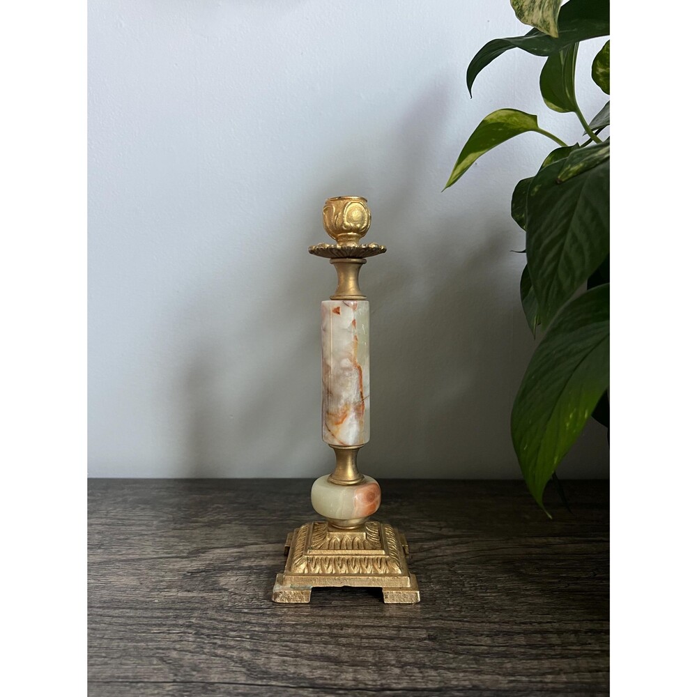 Vintage Marbled Onyx Ornate Gold-colored Brass Candle Holder